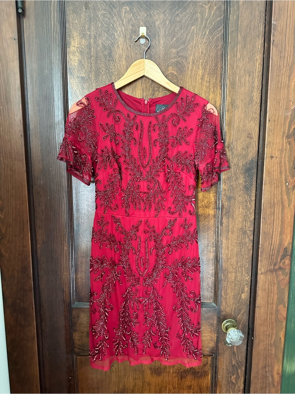 Adrianna Papell Red Embellished Short Sleeve Dress - Elegant Evening Wear